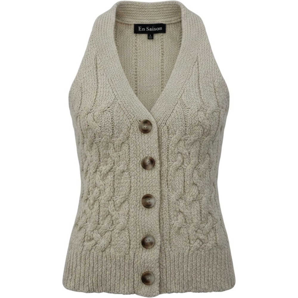 En Saison Womens Cable Knit Halter Top SM Cream Cotton Button Front Preppy Chic